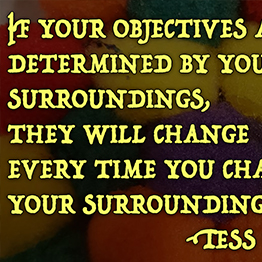 If your objectives are determined by your surroundings, they will change every time you change your surroundings -Tess Nyman